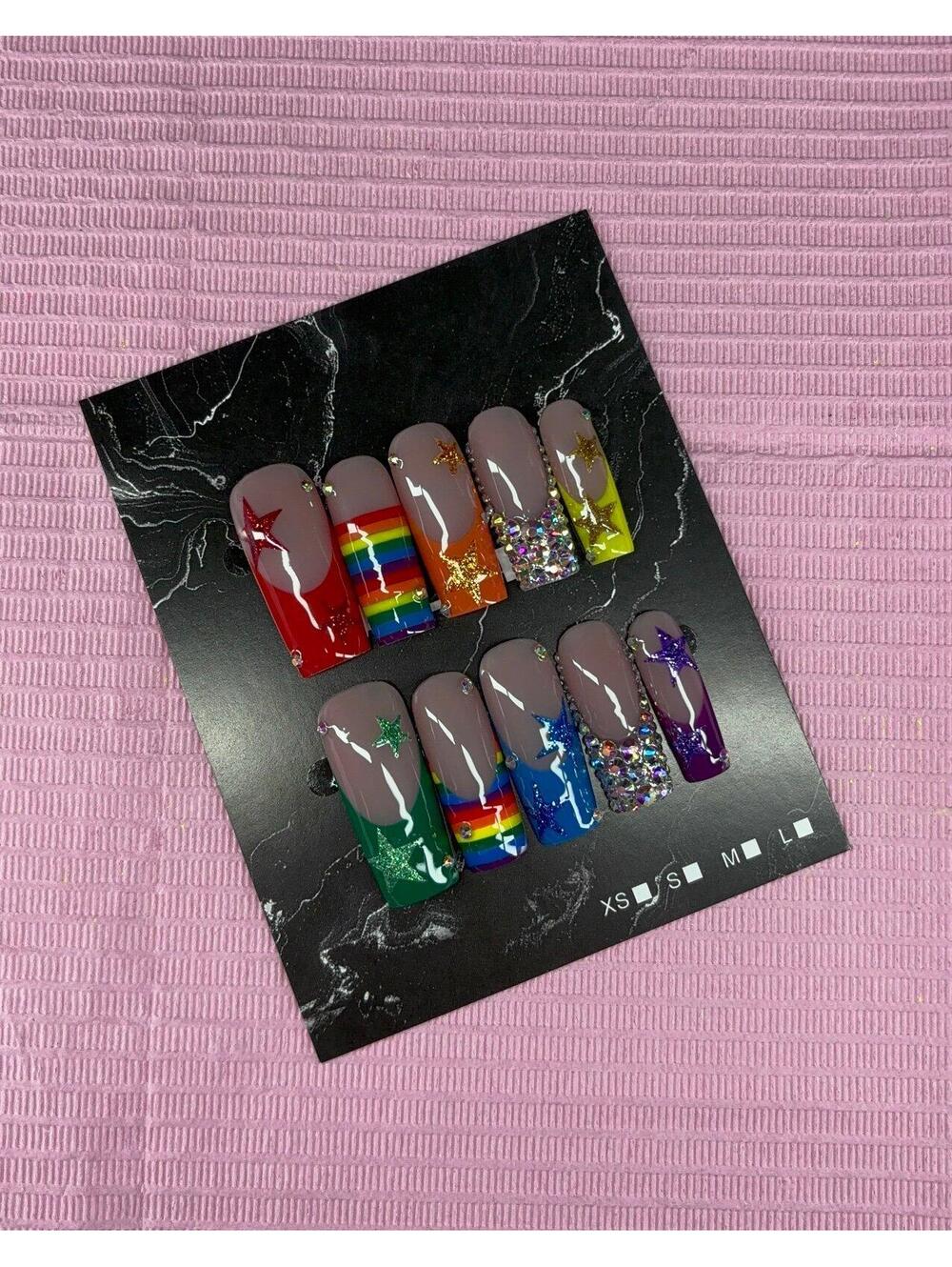 Long square Press on nails rhinestones rainbow French tips
